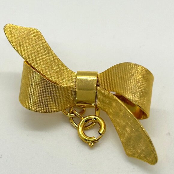 Vintage Gold Bow Brooch With Ring Clasp Malachite Heart Charm Victorian Revival - Picture 10 of 16